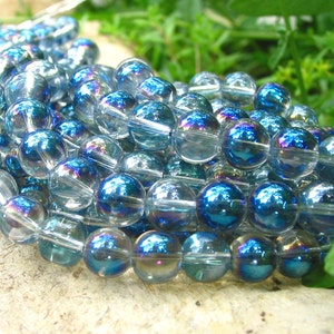 8" 6mm 10mm 12mm 14mm Bermuda Blue / Vitrail purple Mystic Glass round Beads fire polish AB semi-transparent smooth - PICK SIZE