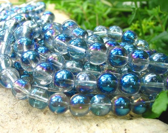 8" 6mm 8mm 10mm 12mm 14mm Bermuda Blue Mystic Glass round Beads fire polish AB semi-transparent smooth - PICK SIZE