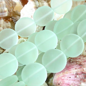 4 / 8 str 20mm LARGE sea beach glass bead coin matte frosted small recycled Seafoam Aqua Pacific Blue Lavender Green Seafoam