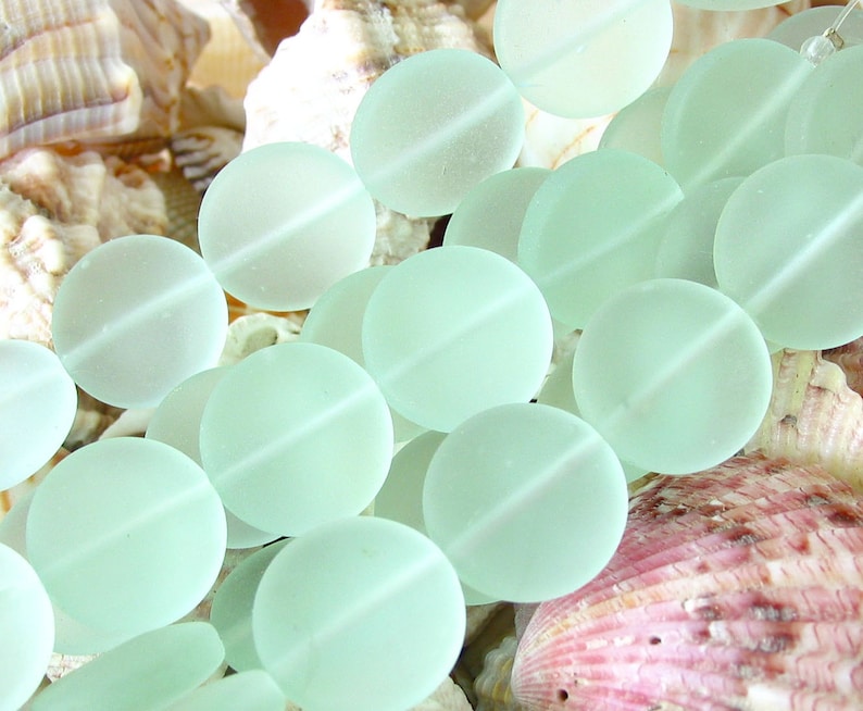 4 / 8 str 20mm LARGE sea beach glass bead coin matte frosted small recycled Seafoam Aqua Pacific Blue Lavender Green Seafoam