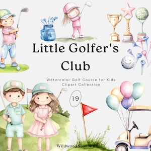 Kinderen golf clipart, aquarel golfkar clipart, golfbaan png, golfbal clipart, golfclub clipart, sport clipart voor uitnodiging en tags