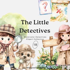 Watercolor Clipart Kids Detective PNG, Cute Secret Agent Designs, Mystery Graphics, Private Investigator Art, Birthday Invite Illustrations