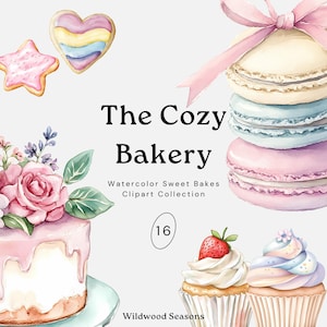 Pastel dessert bakkerij aquarel clipart – elegante cupcake, macaron en donut set, zoete lekkernijen png, digitale download voor uitnodigingen