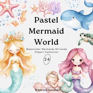 Watercolor Mermaid Clipart, Pastel Under the Sea PNG, Cute Sea Animals, Digital Download for Kids&#39; Birthday Parties & Nursery Decor