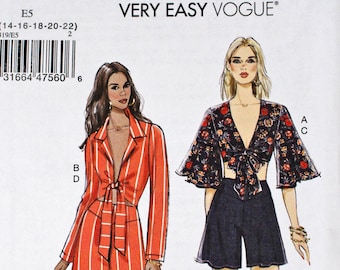 May include: A sewing pattern for a two-piece outfit. The top is a red and white striped crop top with a tie at the front. The bottom is a pair of wide-legged pants with a red and white striped pattern. The pattern is for sizes 14-16-18-20-22. The pattern number is V9319/E5.