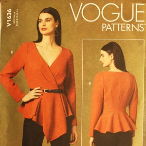 May include: A sewing pattern for a red wrap top with a peplum hem. The pattern is from Vogue Patterns and is labeled V1636. The pattern includes two views, one with a long sleeve and one with a short sleeve.