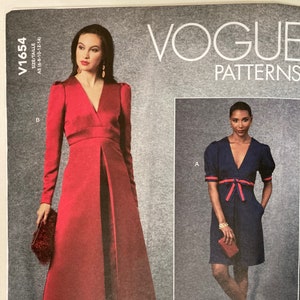 May include: Vogue Patterns sewing pattern for a dress with two different styles. The first style is a long, red dress with a V-neck and long sleeves. The second style is a shorter, blue dress with a V-neck and short sleeves. The pattern is for sizes A5 (6-8-10-12-14).