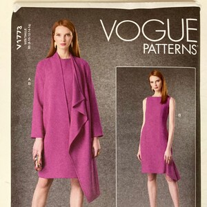 May include: Vogue Patterns sewing pattern for a dress and jacket. The pattern is for sizes 8-10-12-14-16. The dress is sleeveless and has a fitted bodice and a flared skirt. The jacket is a wrap style with a long, flowing hem. The model is wearing a pink dress and jacket.
