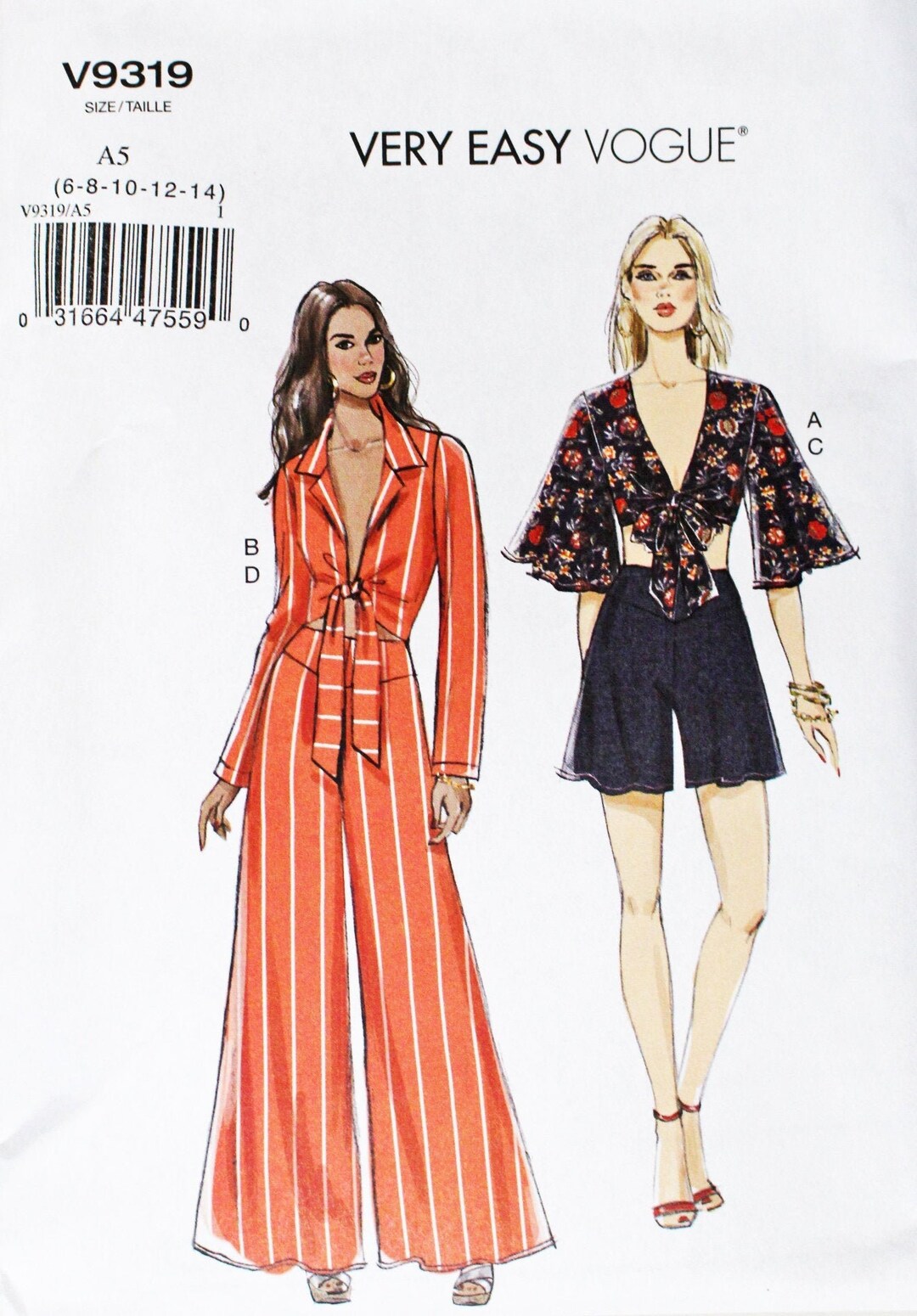 Vogue Sewing Pattern for Shorts & Wide Leg Pants and Tie-front Top ...