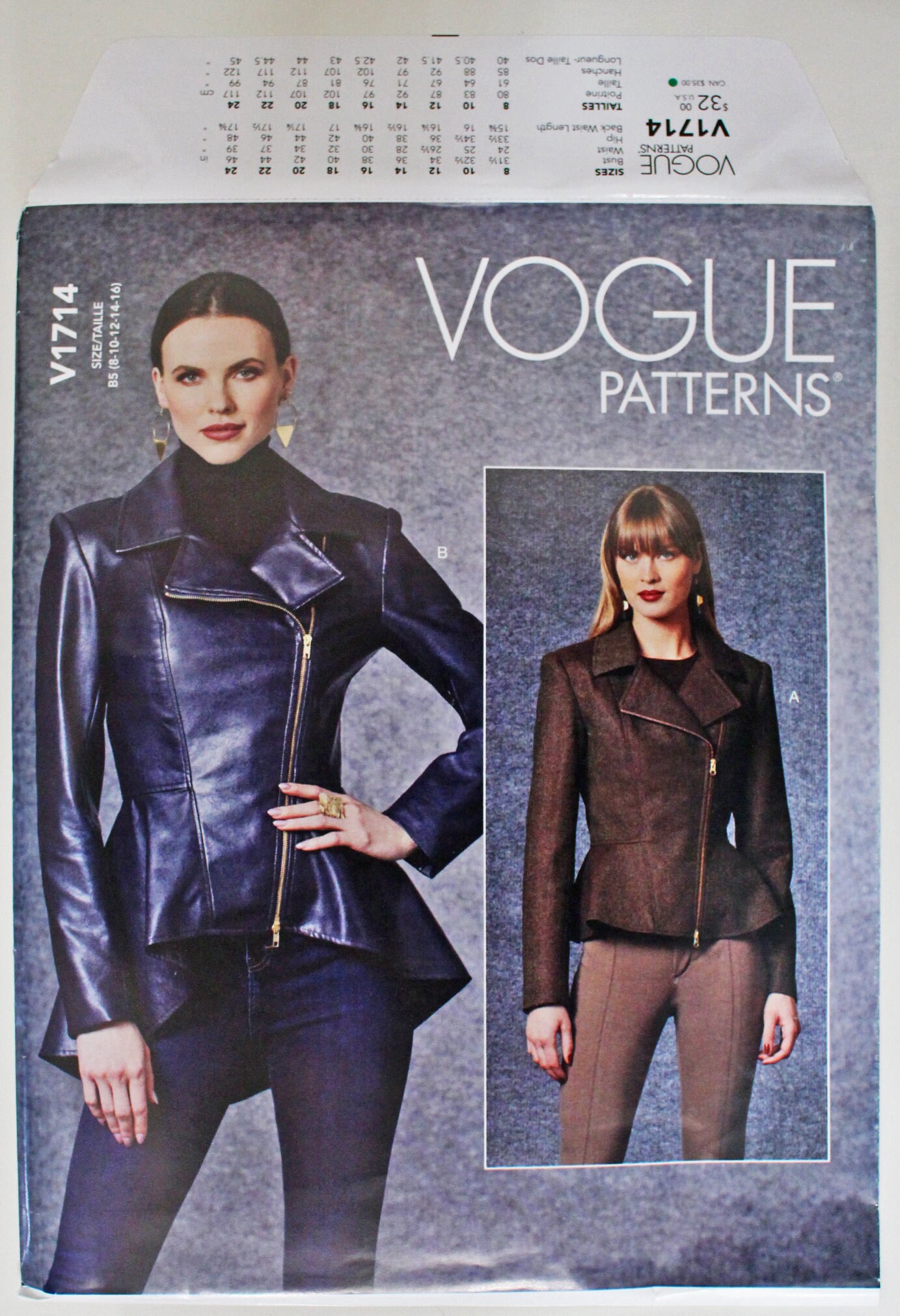 Vogue Sewing Pattern for Jacket With Peplum in 2 Lengths Vogue 1714