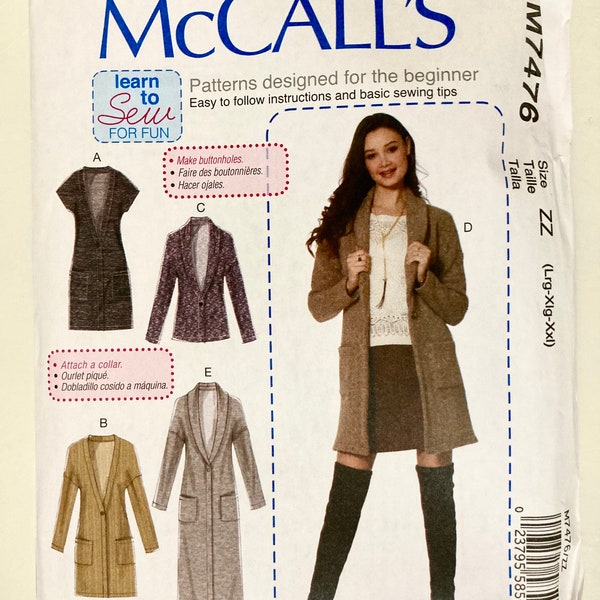 Learn to Sew sewing pattern for women's cardigan and vest - McCall's 7476 - bust 38 to 48 inches - sizes L XL XXL - size 16 to 26 - UNCUT