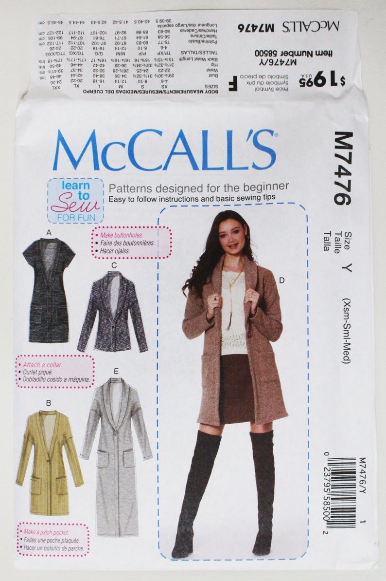 Learn to Sew Sewing Pattern for Women's Cardigan and Vest Mccall's 7476 ...