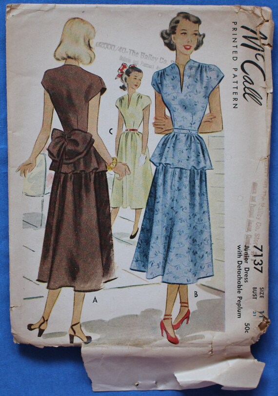 detachable peplum dress Vintage Sewing Pattern for Dress With Optional Detachable Peplum Belt and  Bow – 1940s – Mccall 7137 – From 1947 - Bust 31