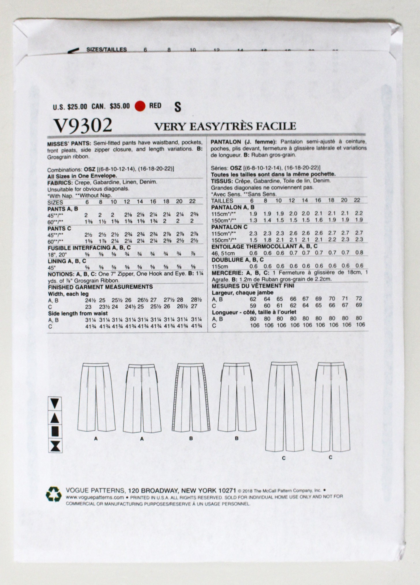 Vogue Sewing Pattern for Pants Vogue 9302 All Sizes in One Envelope ...