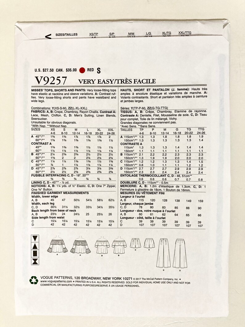Vogue Sewing Pattern for Top Pants and Shorts Vogue 9257 Very Easy Bust
