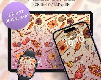 May include: A digital illustration of a wizard-themed phone wallpaper featuring a variety of magical objects, including a wand, a golden snitch, a Hogwarts letter, and a pair of glasses. The background is a gradient of pink and yellow with a subtle glitter effect. The text "WIZARD BUNDLE SCREEN WALLPAPER" is at the top of the image.
