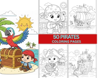 50 målarbilder med pirater för barn – Utskrivbar målarbok med piratäventyr | Skattjakt, papegojor och skepp | Digital nedladdning (PDF)