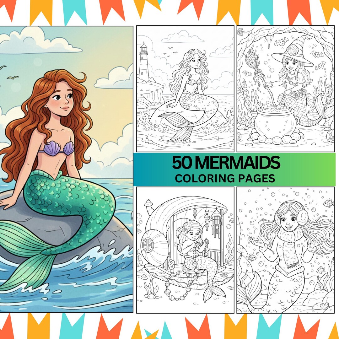50 Mermaid Coloring Pages for Kids: Fantasy Undersea Activity (PDF ...
