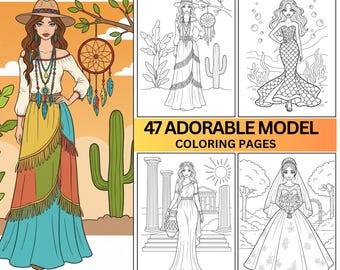 47 adorable model coloring pages - adults and kids coloring book, beautiful girl, mindful coloring pages, printable digital download PDF