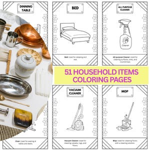 Puede incluir: Páginas para colorear con artículos para el hogar. Las páginas incluyen ilustraciones de una mesa de comedor, una cama, un limpiador multiusos, una aspiradora y una fregona. El texto dice "51 PÁGINAS PARA COLOREAR DE ARTÍCULOS PARA EL HOGAR."