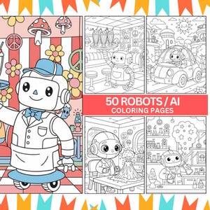 50 målarbilder med robotar och artificiell intelligens - målarbok för vuxna och barn - aktivitetssidor med AI och teknik, robotmålarbilder i pdf-format