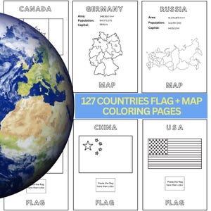 Puede incluir: Páginas para colorear con banderas y mapas de países, incluyendo EE. UU., China y Alemania. El texto dice "127 Países Bandera + Páginas para colorear mapas". Un globo terráqueo es visible en el lado izquierdo de la imagen.