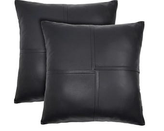 Genuine Lambskin Leather Cushion Covers - Modern Black Throw Pillow Cases, Set of 2