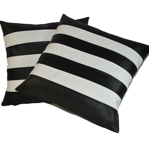 Black White Leather Pillow | Real Leather Cushion Cover | Minimalist Modern Throw Pillows