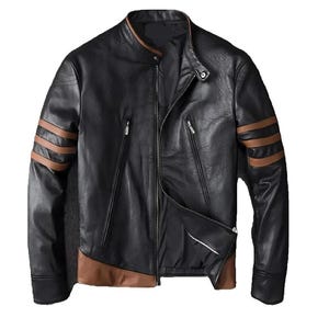 X Men Wolverine Striped Echtlederjacke für X Men Wolverine Logan Fans Schwarz