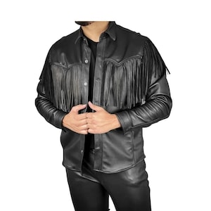 Men&#39;s Handmade Western Cowboy Leather Jacket Coat with Braided & Fringes, Buckskin Shirt with Fringes Cowboy Rodeo Style Shirt