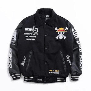 May include: Black varsity jacket with white detailing and a classic collar. It features a skull and crossbones emblem and text that reads "Gear 5 Monkey D Luffy Sun God Nika Transform". The sleeves are black with white text and a button-up front.