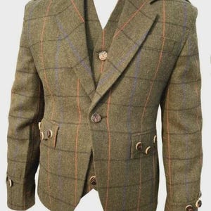 Men&#39;s Scottish Handmade tweed Argyle Jacket 5 Button west Traditional Scottish Highland Wear Perfect for Weddings Events 32 to 60