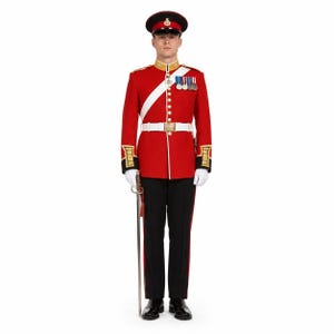 May include: A ceremonial military uniform featuring a bright red tunic with gold embroidery, a white cross belt, and a white waist belt with a gold buckle. The ensemble includes black trousers with a red stripe, a red peaked cap, white gloves, and a sword.