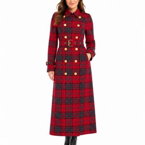 Marlborough Plaid Trench Coat | Vintage Double-Breasted Full-Length Overcoat Gift for Her