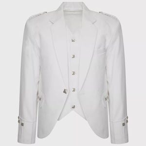 Men&#39;s Scottish Handmade White Argyle Jacket 5 Button west Traditional Scottish Highland Wear Perfect for Weddings Events 32 to 60