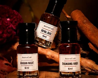 Royal Oud, Shamama Hindi & Arabian Night Attar Set | Natural Alcohol Free Perfume Oils | Long Lasting Gift for Him and Her