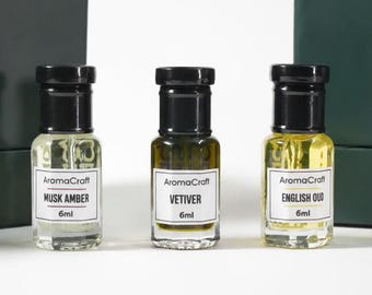 Musk Amber, Vetiver & English Oud Attar Set | Natural Alcohol Free Perfume Oils | Long Lasting Gift for Him and Her