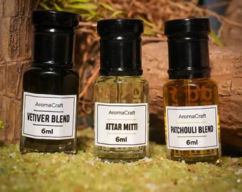 Vetiver Blend, Attar Mitti & Patchouli Blend Attar Set | Natural Alcohol Free Perfume Oils | Long Lasting Gift for Him and Her