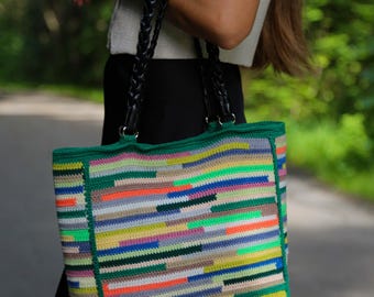 Handmade Crochet Tote Bag: Colorful Boho Cotton Purse with Braided Handles