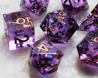 Strangelight, purple polyhedral sharp edge DnD gem dice holographic iridescent
