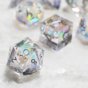 Moonbeam, clear polyhedral sharp edge DnD gem dice holographic iridescent