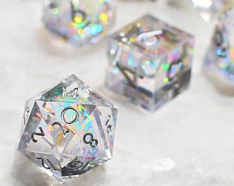 Moonbeam, clear polyhedral sharp edge DnD gem dice holographic iridescent