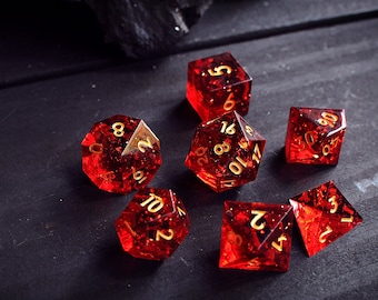 Scarlet, red polyhedral sharp edge DnD gem dice
