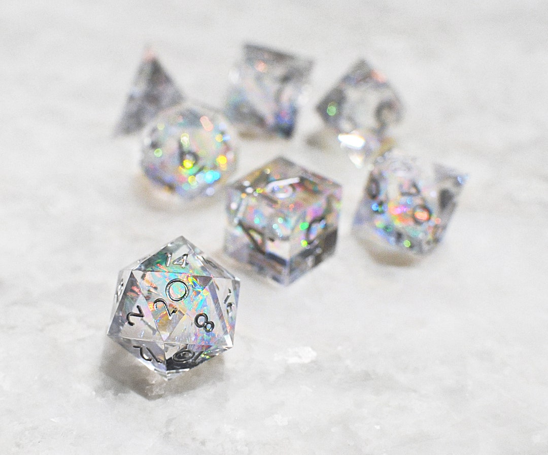 Moonbeam, Clear Polyhedral Sharp Edge Dnd Gem Dice Holographic