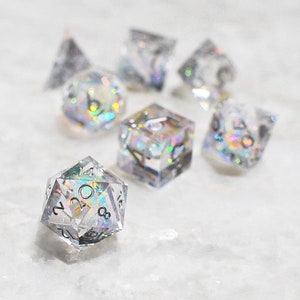 Moonbeam, clear polyhedral sharp edge DnD gem dice holographic iridescent
