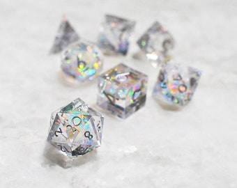 Moonbeam, clear polyhedral sharp edge DnD gem dice holographic iridescent