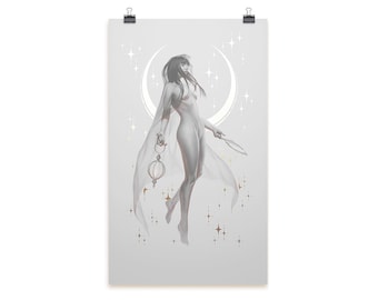Seeker: Fantasy artwork poster print, Ephemere tarot art pinup with 3D GOLD foil printing, human-hand painted