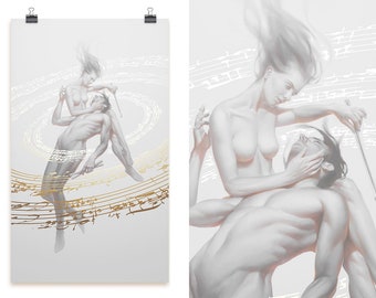 Counterpoint M/F: Tarot poster print, Ephemere art pinup with 3D GOLD foil printing