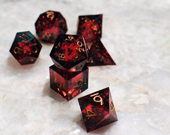 Red polyhedral sharp edge DnD gem dice holographic iridescent