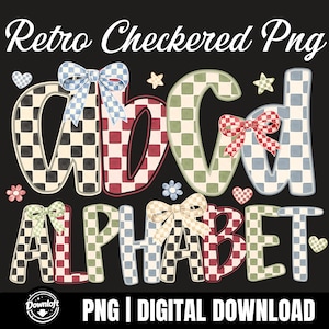 May include: A digital design featuring the words "Retro Checkered Png" and "Alphabet" in a playful, checkerboard pattern. The letters are adorned with bows and surrounded by hearts, stars, and flowers. The design is set against a black background.